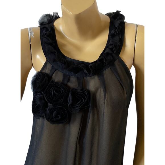 CYNTHIA ROWLEY Womens Size Small Ruffled Sleeveless Tan Black Chiffon Tank Shirt - Picture 5 of 9